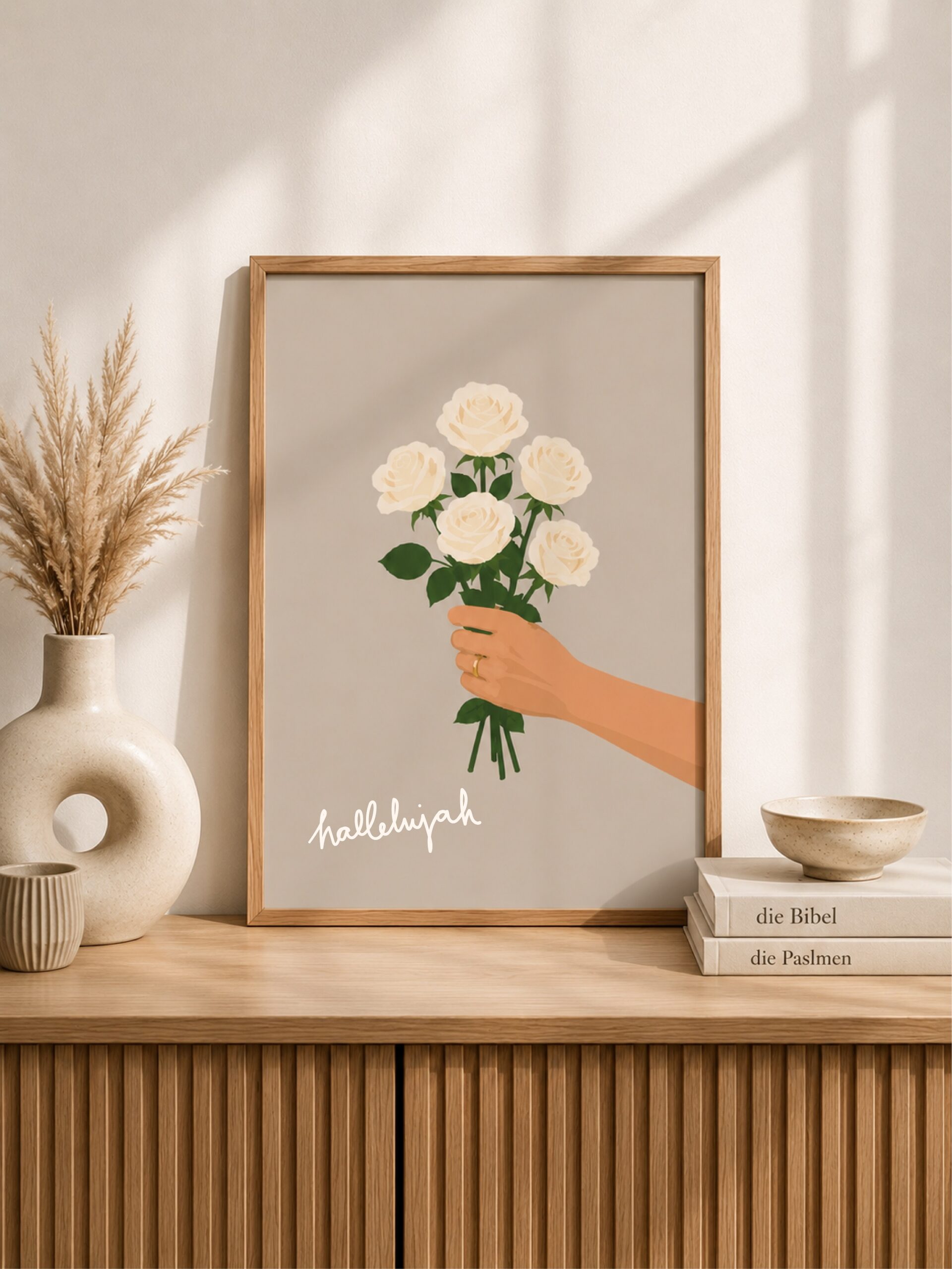 Illustration einer Hand, die weiße Rosen in einem Rahmen hält, mit christlichem Design.